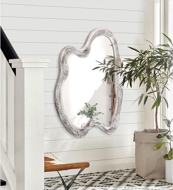 AAZZKANG Irregular Wooden Wall Mirror 32"x24" Large Asymmetrical Mirror Decorative Vintage Irregular Mirror for Bedroom Living Room Entryway