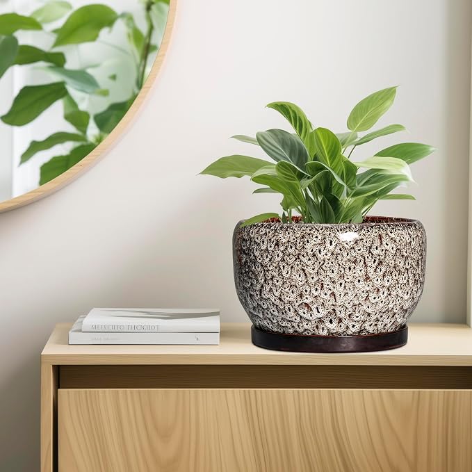 SQOWL Ceramic Plant Pots - 10 Inch Planter for Indoor Plants Outdoor, Large Flower Pots with Drainage Hole and Saucer, Decorative Round Planter, Apartment Decor, Garden Gifts for Women, White