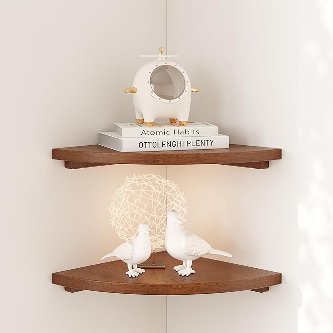 Floating Corner Shelves Walnut 12", Solid Oak Wall Mounted Wooden Display Storage Rack with Wire Hole for Plants, Photos, Speakers, Bedroom, Kitchen, Living Room Décor - 2-Pack
