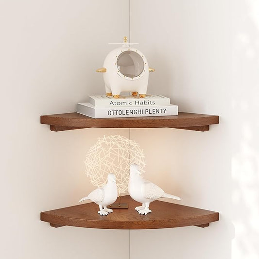 Floating Corner Shelves Walnut 12", Solid Oak Wall Mounted Wooden Display Storage Rack with Wire Hole for Plants, Photos, Speakers, Bedroom, Kitchen, Living Room Décor - 2-Pack