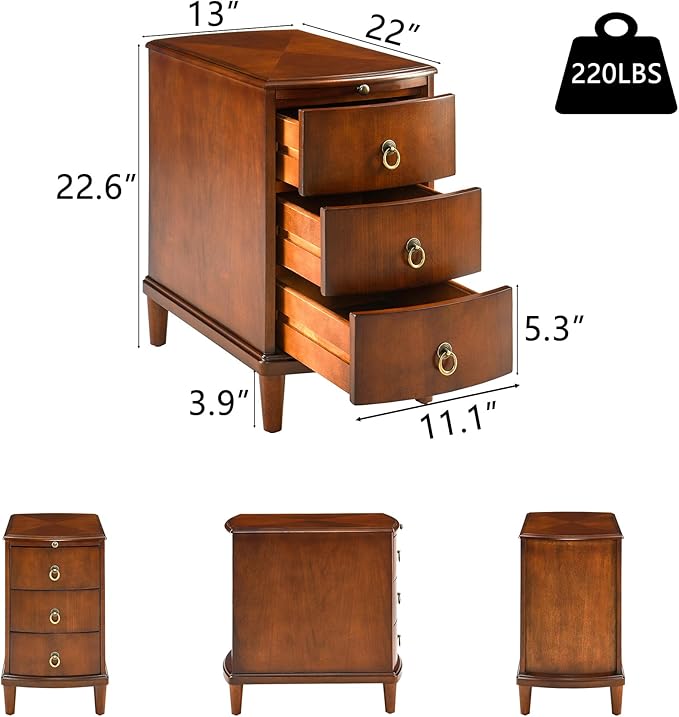 2 Set Solid Wood End Table with 3 Drawers, Cherry Red American Style Beside Table with Slide-Out Coffee Tray, Sofa Chair Side Table Nightstand for Living Room Bedroom, Rustic Wood Grain Accent Table