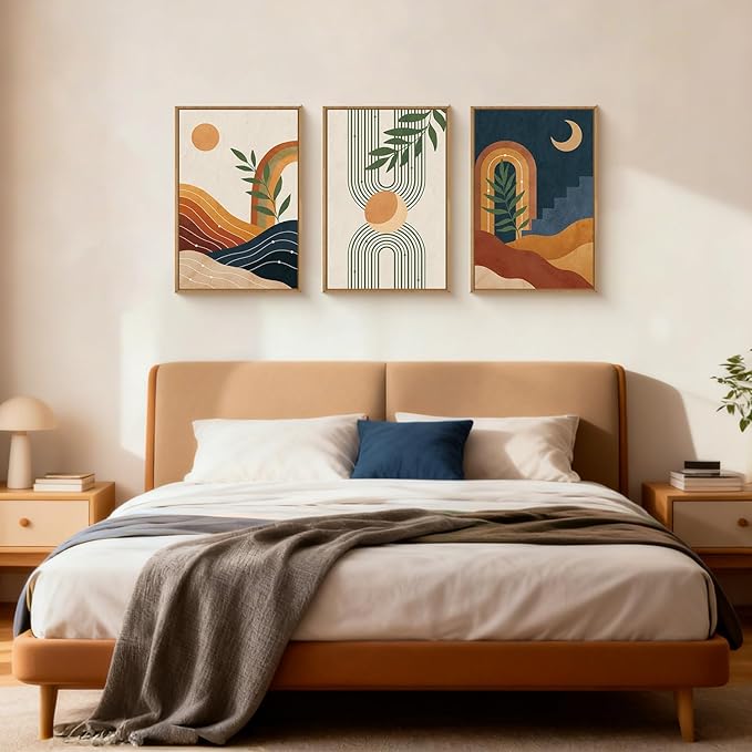 FWIEXA Vintage Boho Nature Framed Canvas Wall Art Set of 3, Minimalist Geometric Sun Moon Line Wall Prints, Abstract Green Leaf Painting, 24x36In Modern Beige Navy Blue Artwork for Living Room,Bedroom