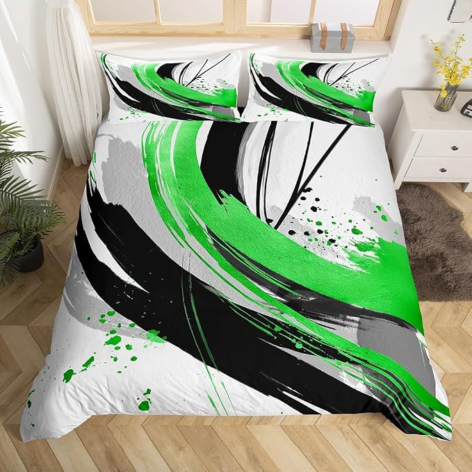 Erosebridal Black and Green Kids Bedding | Modern Geometric Striped Duvet Cover for Boys Girls Boho Contemporary Watercolor Graffiti Bed Set Minimalist Aesthetic Art Bed Cover Twin 2Pcs
