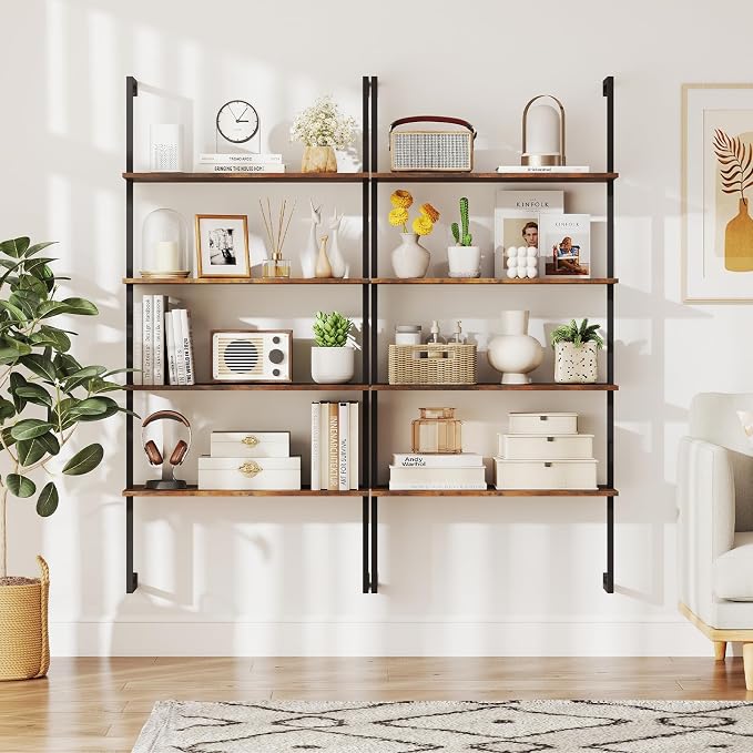 Tangkula 4-Tier Bookshelf, Wall-Mounted Open Bookcase with Metal Frame, Industrial Display Storage Ladder Shelf for Study, Living Room & Kitchen (2, Brown)