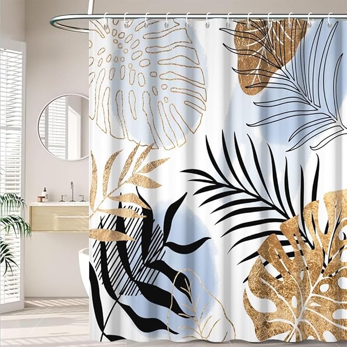 Modern Boho Shower Curtain Blue Gold Palm Leaves Abstract Aesthetic Bathroom Decor Gorgeous Watercolor Botanical Theme Bohemian Bath Curtains Washable Waterproof Polyester Fabric with Hooks 69x70 Inch