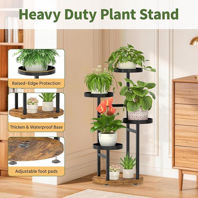 LASZOLA 4 Tier Metal Plant Stand for Indoor Corner, Heavy Duty Wooden Flower Holder Rack for Mutiple Plants, Planter Display Shelf for Patio Garden Balcony Living Room, Black