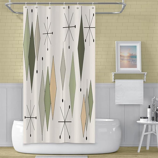 Boho Mid Century Shower Curtain Vintage Abstract Green Diamond Geometric Atomic Starburst Pattern for 1950s Retro Bathroom Decor Accessories Shower Curtain Set with 12 Hooks, 36x72 Inches