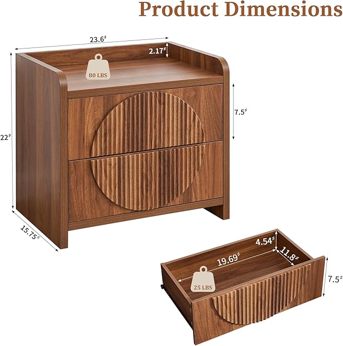 Turtle&Myrtle 24 Inch Wide Fluted Nightstands Set of 2, Large Night Stand with 2 Drawers, Mid Century Modern Bedside Table End Table with Storage for Bedroom Living Room Office (Walnut)