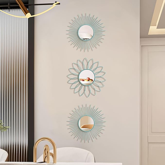 3 Pack Metal Mirrors for Wall Sunburst Wall Mirrors Home Décor Decorative Hanging Wall Art for Living Room Bedroom Entryway (Blue, Flower+Sunburst)