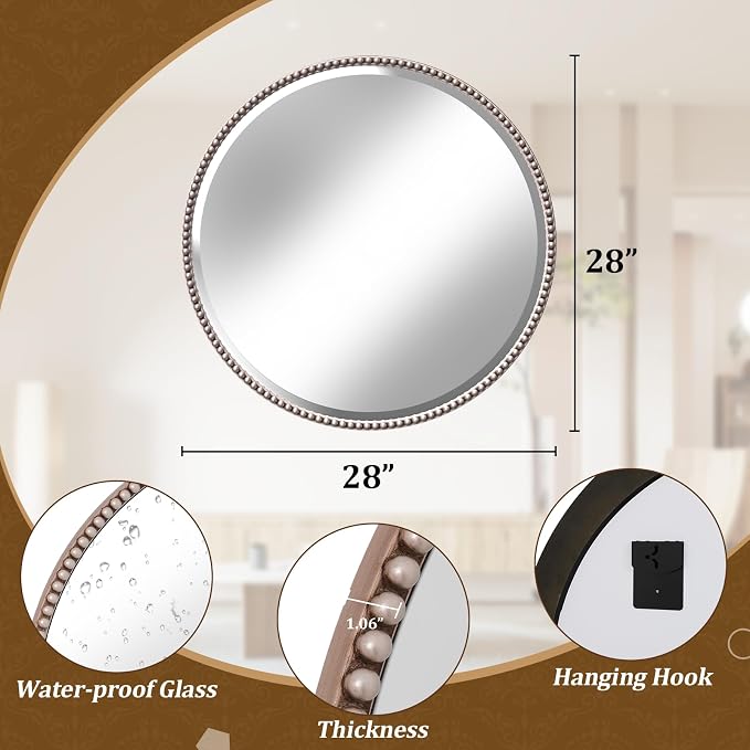 28 Inch Round Bathroom Mirror - Luxurious Retro Beaded Circle Decorative Wall Mirror with PU Frame Hanging Leaning as Art Decor for Entryway, Bedroom, Living Room, Hallway, Silver