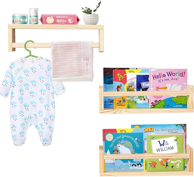 AZSKY Floating Nursery Book Shelves for Wall Set of 3, Wood Bookshelf for Kids Room, Small Bookshelf Wall Mounted for Baby Teen Boys Girls Bedoom Bathroom Decor Storage