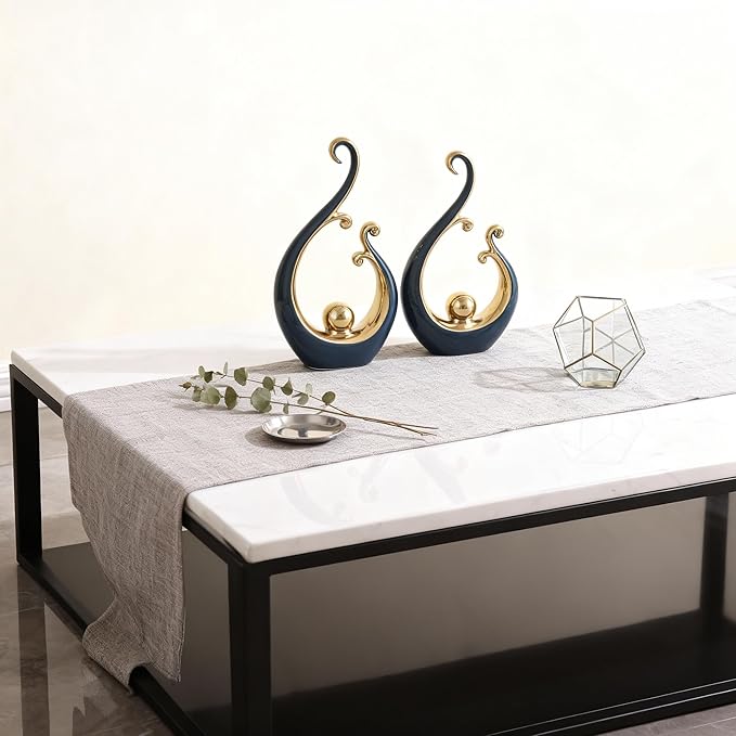DOVDOV Blue and Gold Home Decor, Abstract Ceramic 2-Piece Sculpture Set, Modern mid-Century Art Statues, Perfect for Accent Tables, countertops, Coffee Tables, and entryway Decor.