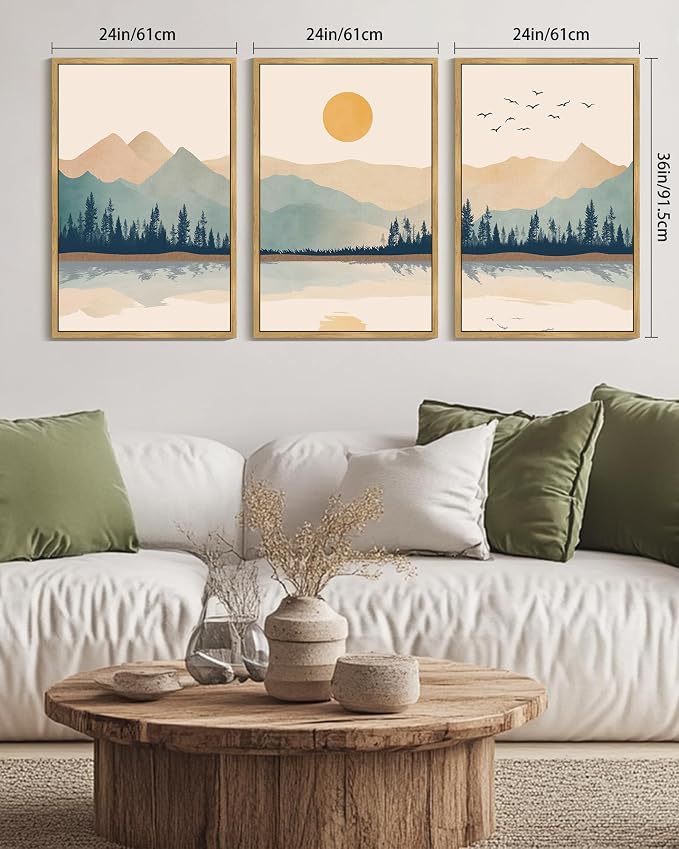 KUVIOKE Mountain Landscape Framed Canvas Wall Art Watercolor Nature Laker Painting Sun Rises Boho Farmhouse Rustic Room Decor for Bedroom Dining Room 24x36in (Natural Framed)