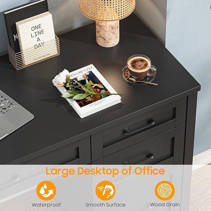 Farmhouse 61'' Executive Desk with 5 Drawers, Rustic Office Desk Computer Desk with Charging Station, File Drawers and Storage Cabinet, Wood Workstation for Home Office and Study,Pure Black