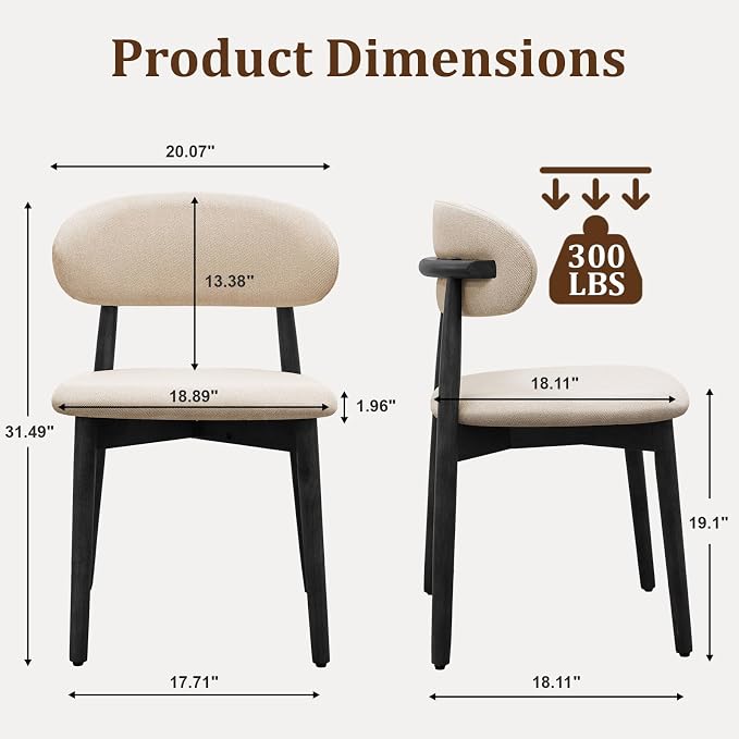 Farmhouse Dining Chairs Set of 2, Mid Century Modern Fabric Upholstered Kitchen Chairs, Wooden Dining Room Chair with Curved Back&Black Legs for Kitchen Dining Room Restaurant Cafe, Beige, Only Chairs