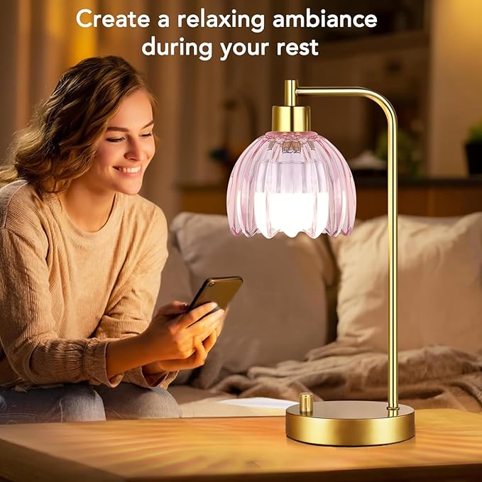Pink Table Lamp Set of 2,Small Gold Bedside Lamps Dimmable Boho Bedroom Lamp with Tulip Flower Glass Lamp Shade,Vintage Mid Century Modern Mini Nightstand Lamp for Kids Bedroom Living Room