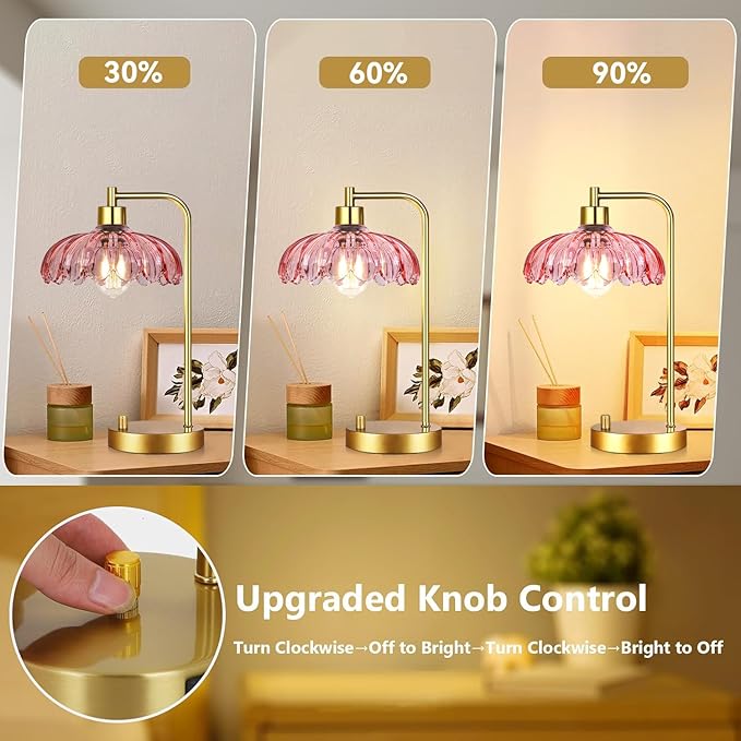 Pink Table Lamp Set of 2,Small Gold Bedside Lamps Dimmable Boho Bedroom Lamp with Tulip Flower Glass Lamp Shade,Vintage Mid Century Modern Mini Nightstand Lamp for Bedroom Living Room