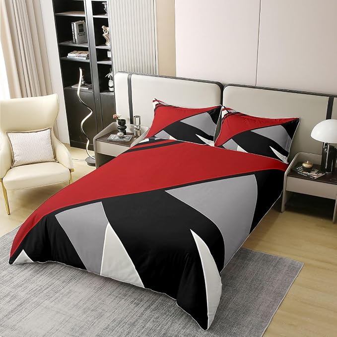 Erosebridal Red Black Grey Art 100% Cotton Duvet Cover Full Geometric Patchwork Bedding Set for Kids Teens Adults Triangle Print Comforter Cover Modern Aesthetics Bed Set 3 Pcs