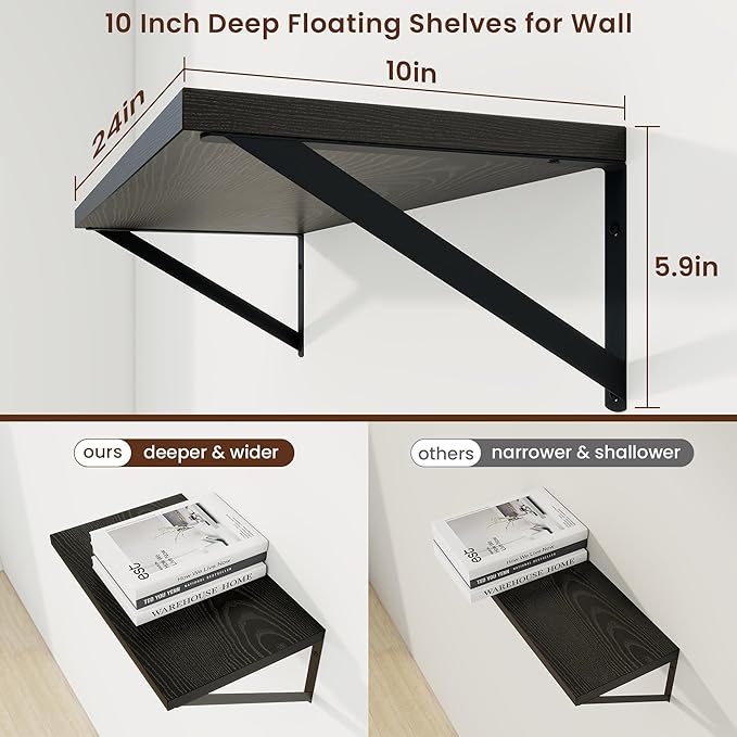 Axeman Deep Floating Shelves | 24 Inch Black Wall Shelves Set of 2 | 10 Inch Deep Wood Floating Shelves for Wall | 24" W x 10" D Black Shelves for Living Room Bathroom Kitchen