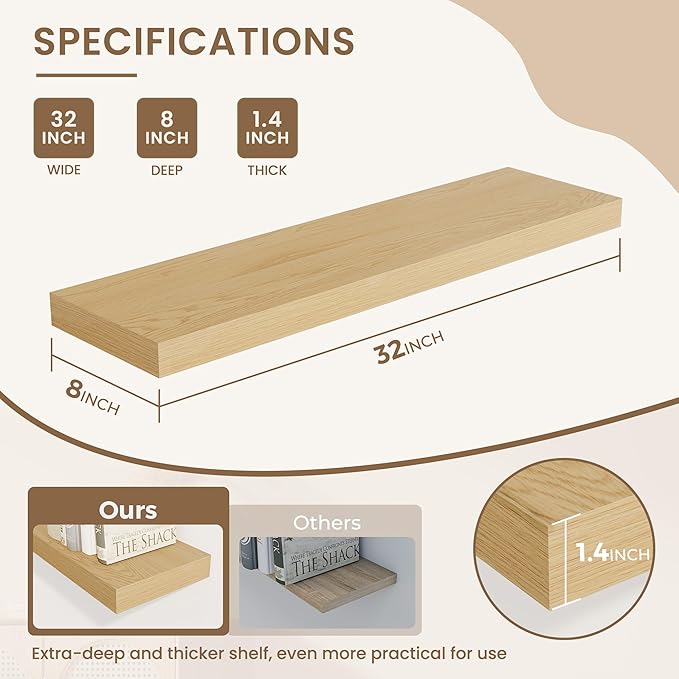 Dreamland 8" Deep Long Floating Shelves, 32 Inches Floating Shelves for Wall Set of 2, Large Display & Storage Shelf, Wall Shelf for Bathroom Bedroom Living Room Kitchen Office, Oak