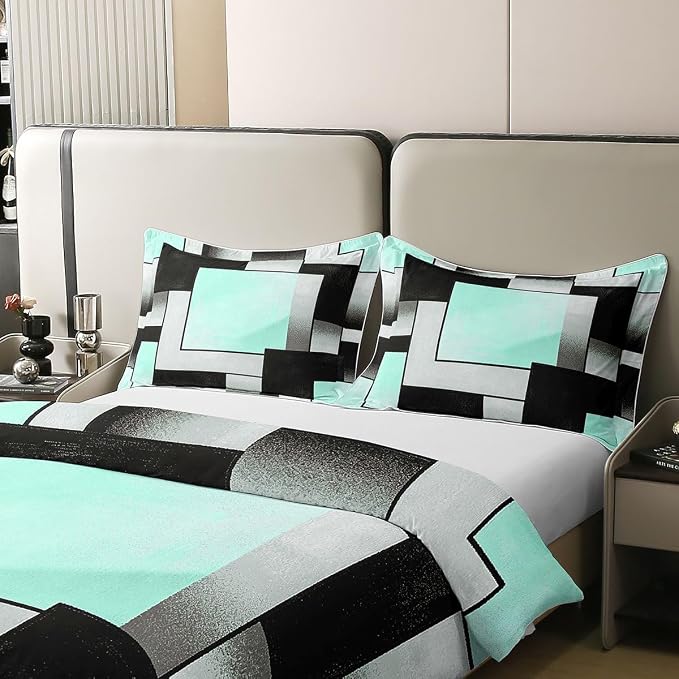 Erosebridal Green Black Geometric Abstract 100% Cotton Duvet Cover Full Modern Square Striped Bedding Set for Kids Teens Adults Minimalist Art Comforter Cover Contemporary Aesthetic Bed Set 3 Pcs
