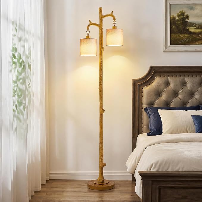 EJIAXIN Farmhouse Floor Lamp for Living Room - 69" Rustic Tree Trunk Standing Lamps - Country Resin Tall Lamp with 2 Reading Light - Tree Floor Lamp for Bedroom Office Home Decor (Ginger)