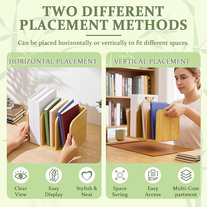 Novabright Bamboo File Magazine Holder Desk Organizer, 3 Vertical Compartments Workspace Sorters for Magazines, Binders, Notebooks, Envelopes(with Handle)