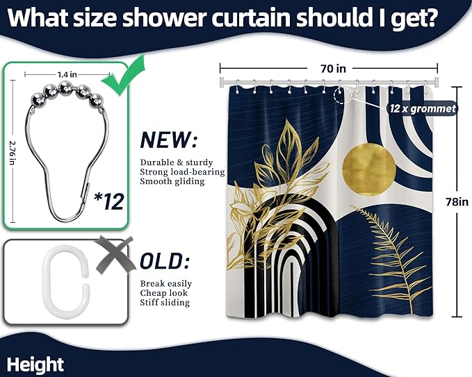 Mid Century Modern Navy Blue Shower Curtain Boho Dark Blue and Gold Leaves Shower Curtains for Mens Bathroom Decor Sets, Waterproof Cloth Fabric with Hooks, 70x78in