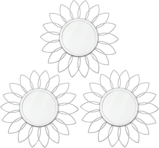 3 Pack Metal Mirrors for Wall Sunburst Wall Mirrors Home Décor Decorative Hanging Wall Art for Living Room Bedroom Entryway (Silver, Flowers)