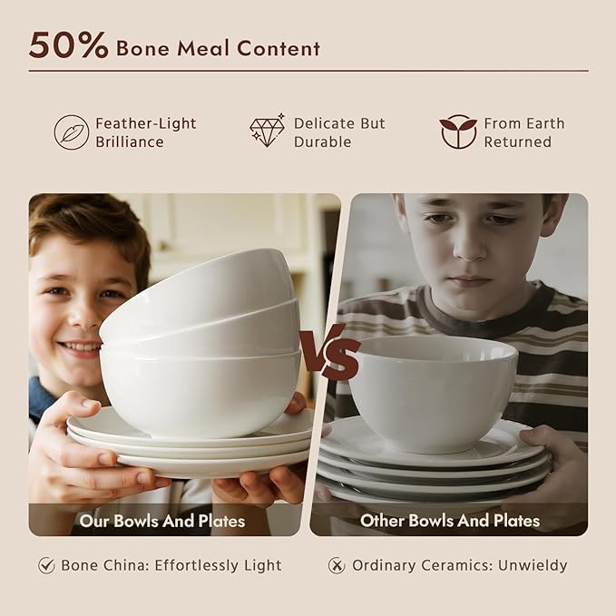 KINGSTONE Bone China Dinnerware Sets, 24-Piece Dinnerware Set for 8, Lightweight Durable, Microwave and Dishwasher Safe, Tableware for Daily Use with Elegant Design, White