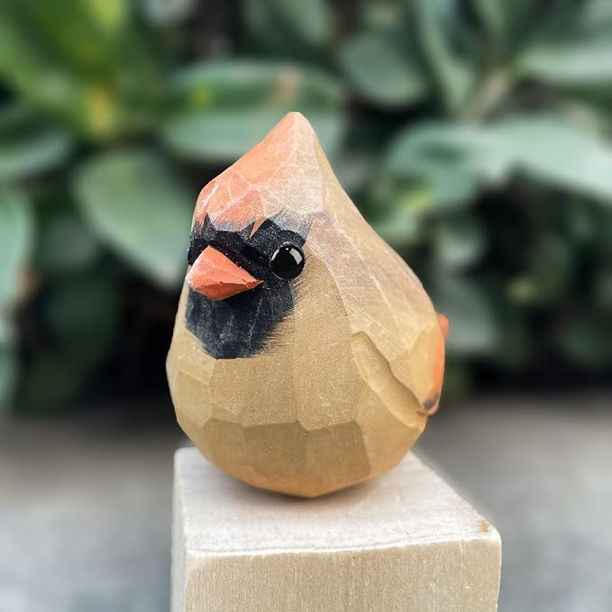 Hand Carved Painted Wooden Birds for Home Decor - Female Cardinal Statue for Bird Lovers, Housewarming, Birthday, Christmas, Anniversaries