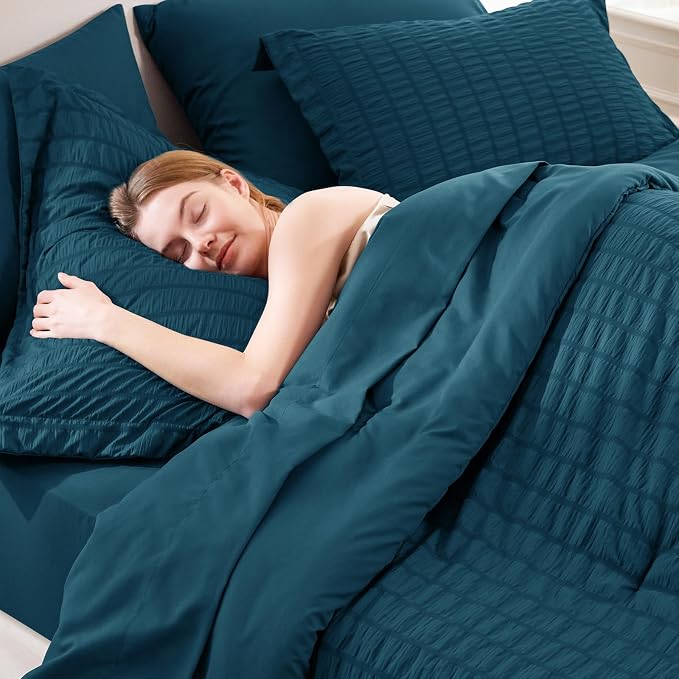 CozyLux Queen Comforter Set Lyons Blue, 7 Pieces Seersucker Textured Luxury Bed in a Bag Queen, All Seasons Soft Bedding Sets with Down Alternative Comforter, Sheets, Pillowcases & Shams, Home Gift