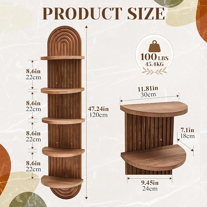 Pinkunn 5 Tier Boho Wall Decor Shelf, 47 Inch Tall Floating Wall Shelf Unit, Pine Wooden Mid Century Arch Decor for Home Bathroom Bedroom Living Room Office Vanity Holding Planter Decoration