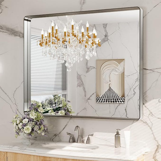 LOAAO 48x40 Inch Brushed Nickel Bathroom Mirror, Rounded Rectangle Silver Metal Frame Mirror, Brushed Nickel, Anti-Rust, Shatter Proof, Hangs Horizontally or Vertically