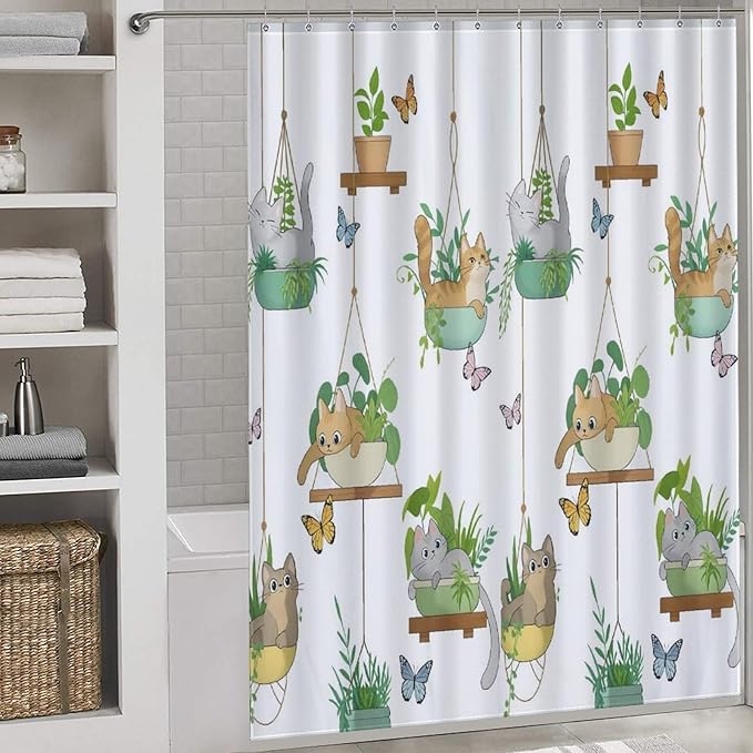 Cat Shower Curtain,Rustic Farmhouse Hanging Potted Plants Funny Animals Bathroom Curtain Polyester Waterproof Fabric Decor 66x72in（168x183cm）