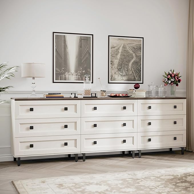 Modern White Dresser for Bedroom with 9 Drawers, 3 in 1 Wooden Chest of Drawers with Organizer Storage for Bed Room,Livingroom Hallway