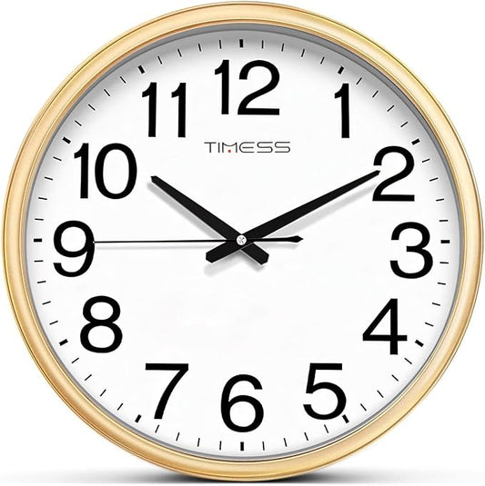 Wall Clock, 16 Inch Large Dial Non-Ticking Silent Battery Operated Quality Analog, Ultra-Quiet Movement Quartz, Timeless Stylish Clock, Ideal Modern Home, Office Décor (Gold)