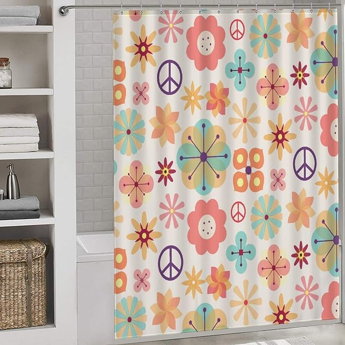 Hippie Floral Shower Curtain for Bathroom,Rustic Vintage 70s Floral Groovy Cute Flower Colorful Aesthetic Funky Trippy Waterproof Fabric Shower Curtain Set with Hooks, 72"x72"