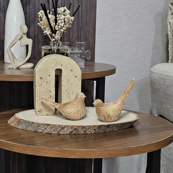 Lewtemi 2 Set Large Bird Figurines Home Decor 4.5'' 6.1'' Resin Birds Statue Modern Wood Look Bird Figurines Animal Decor Sculptures for Living Room, Home, Office, Women