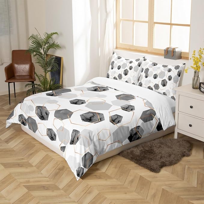 Erosebridal Grey Modern Duvet Cover Full - Marble Geometric Minimalist Bedding Set, Fresh Abstract Geometric Art Decor Bed Set for Boys Girls Watercolor Hexagon Bed Cover with 2 Pillowcases