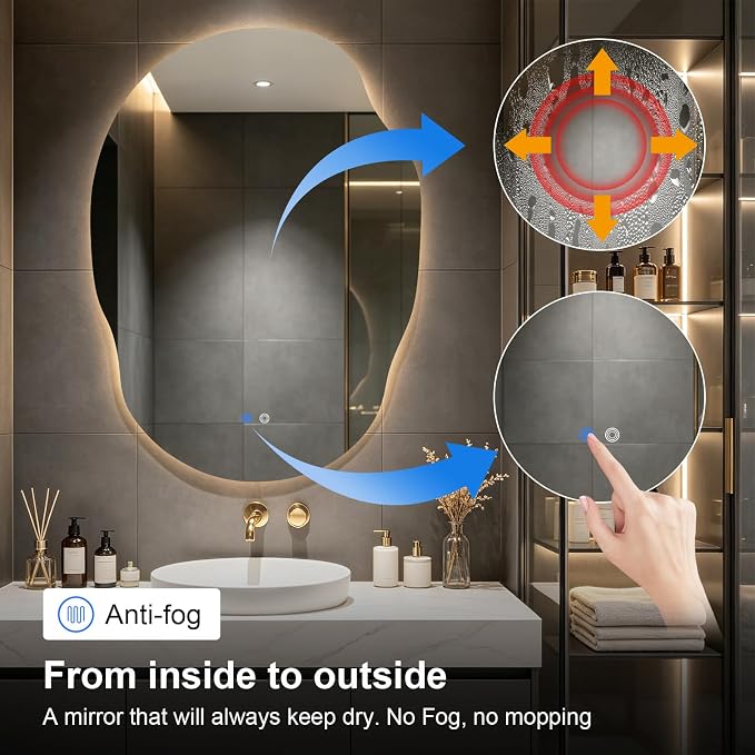 Asymmetrical Bathroom Mirror with Lights,Irregular LED Bathroom Vanity Mirror with Backlit,Anti-Fog,3 Colors and Dimmable Light with Memory,Hardwired Supported[Horizontal/Vertical] 55" H x 40" W