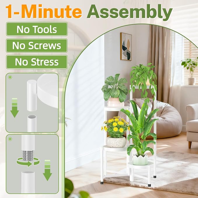 iDavosic.ly Plant Stand Indoor Outdoor, 4 Tier Corner Metal Flower Display Holder Shelf, Folding Tall Orchid Rack for Patio Balcony Porch Garden Living Room House, White