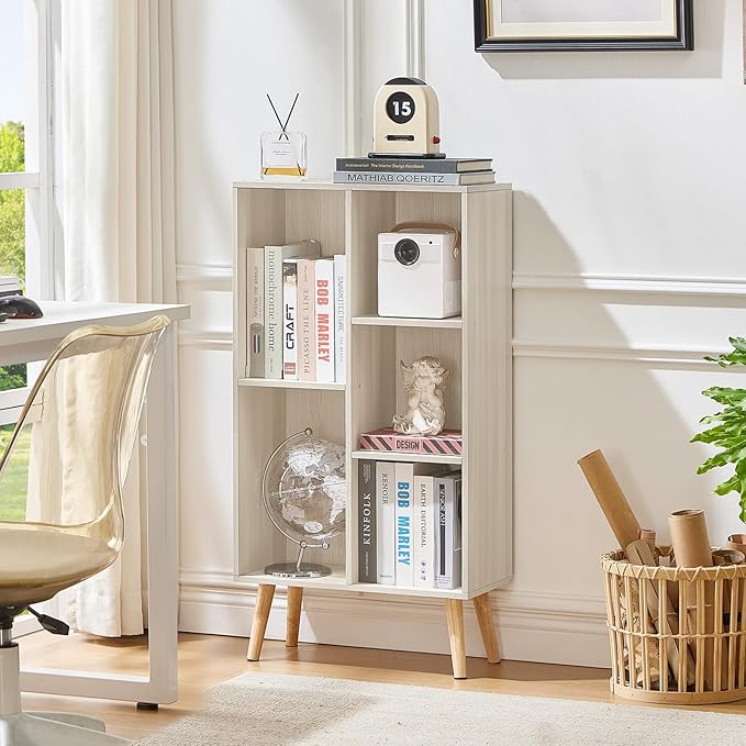 LEYAOYAO 5 Cube Bookshelf 3-Tier Bookcase with Legs,Mint Light Grey White Book Shelf Cute Storage Organizer,Free Standing Open Toy Shelves Wood Bookshelves,Display Bookcases for Bedroom,Living Room