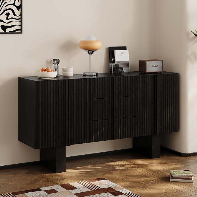 Rophefx 63" Buffet Cabinets with Storage, Wood Side Cabinet with 3 Drawers & 2 Doors, Mid-Century Modern Buffet Table with Anti-Tip Device & Foot Pads for Kitchen, Living Room, Dining Room(Black