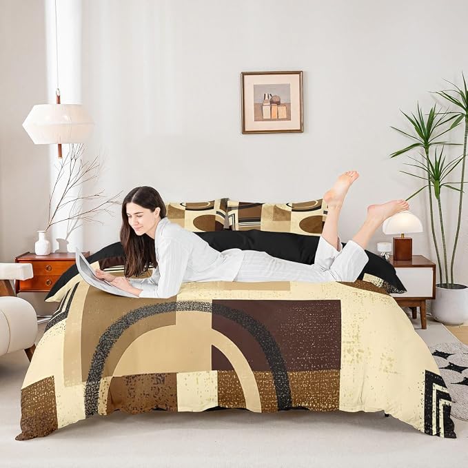 Geometric Striped Circle Duvet Cover Set King Size,Abstract Graffiti Retro Squares Bedding Set,Boys Girls Room Decor,Aesthetic Simple Chic Comforter Cover,Brown Quilt Cover,2 Pillowcases(No Filler)