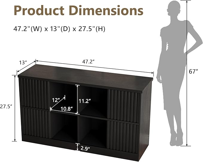 Einhomn 8 Cube Storage Organizer with Sliding Doors, Modern Fluted Bookshelf with Storage Cabinet, Wooden Bookcase with 4 Open Shelves for Living Room, Home Office, Bedroom, Black