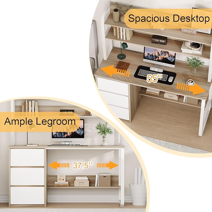 MaverickFurni Computer Desk with 3 Drawers and Shelves, 55 Inch Desk with Hutch for Small Spaces, Study Writing Desk with Shelves for Bedrrom, Adjustable Feet, Light Walnut