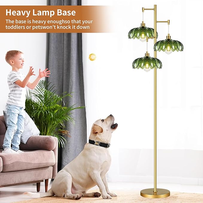 ZECOXOL Gold Floor Lamps for Living Room Bedroom-3 Light Glass Floor Lamp with Three Led Bulb,Mid Century Standing Lamp Vintage Brass Tall Lamp Tree Floor Lamp for Bedroom Corner