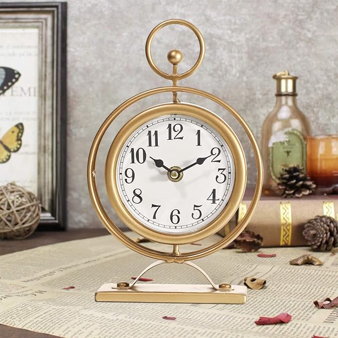 Vintage Table Clock on Stand, Decorative Metal Desk Clock, Small Antique Gold Silent Non-Ticking Battery Operated Farmhouse Shelf Table Clocks for Home Kitchen Bedroom Decor