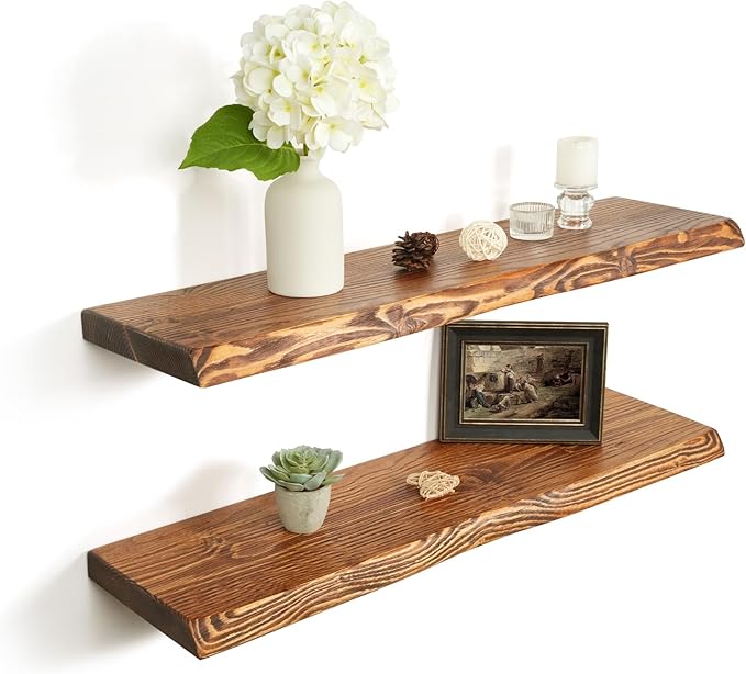 32 Inch Wooden Floating Shelves for Wall Set of 2, Finnish Spruce Solid Wood Shelf, Natural Wood Floating Shelves for Living Room, Bathroom, Bedroom, Kitchen, Brown Finish